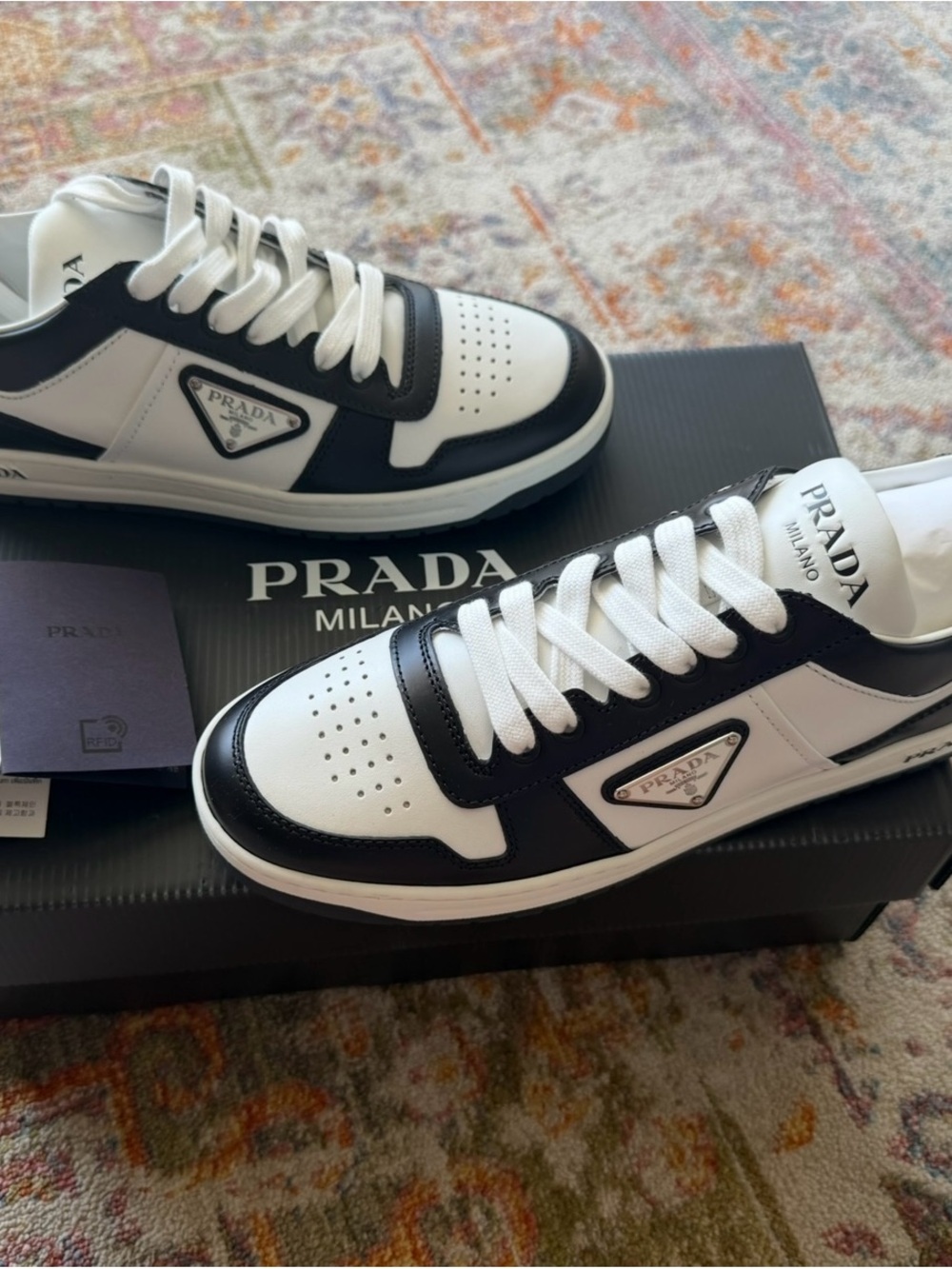 Prada White and Black Low-Top Leather Sneakers